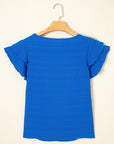 Solid Textured Ruffled Sleeve Round Neck Top