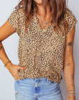 Cheetah Frilled V-Neck Short Sleeve Blouse