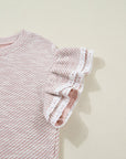 Stripe Lace Ruffle Short Sleeve Twill Blouse