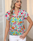Floral Flutter Sleeve Split Neck Buttoned Blouse