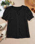 Solid Textured Notch Neck Puff Sleeve Blouse