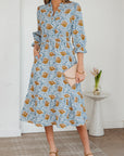Floral Frilled V-Neck 3/4 Sleeve Midi Dress