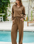 Solid V-Neck Top and High Waist Pants Set