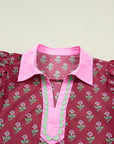 Floral Contrast Collared V-Neck Ricrac-Trim Blouse