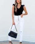 Solid Ribbed Leatherette Ruffle Sleeve Bodysuit