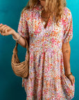 Floral Puff Sleeve V-Neck Tiered Mini Dress