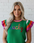 Lucky Stripe Flutter Sleeve Round Neck Sweater