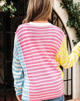 Esther Striped Patchwork Dolman Sleeve Slit Sweater