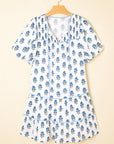 Floral Puff Sleeve Tied Neck Pocketed Mini Dress
