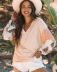 Tropical Polka Dot Patchwork Puff Sleeve V-Neck Blouse