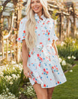 Siya Blue Stripe Floral Ruffle Short Sleeve Belted Mini Dress