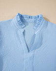 Flower Embroidered Puff Sleeve Split Neck Blouse