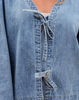 Solid Denim Tie-Front Puff Sleeve Top