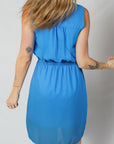 Solid Collared V-Neck Elastic Waist Sleeveless Dress