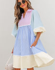 Joelle Striped Ric Rac Puff Sleeve Collared Mini Dress