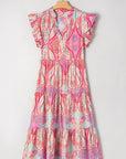 Tribal Paisley Ruffle Sleeve Notch Neck Midi Dress