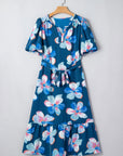 Floral Short Puff Sleeve Ruffle Belted Midi Dress