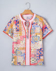 Boho Patchwork Tied V-Neck Short Sleeve Blouse