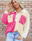 Colorblock Collared Ribbed Patchwork Pocketed Sweatshirt