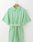 Stripe Short Sleeve Buttoned Collar Belted Romper