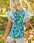 Elsa Floral Lace Trim Ruffle Sleeve Pleated Loose Blouse