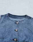 Western Denim Button Front Slit Sleeveless Vest