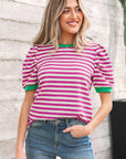 Stripe Contrast Trim Short Puff Sleeve Tee
