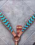 HILASON Western Horse Leather Headstall and Breast Collar Set Turquoise and Brown Zigzag| Headstall Bridle for Horses Western | Horse Headstall Bridle | Western Headstalls Bridle for Horses