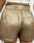 Metallic Tie Elastic Waist Cuffed Hem Shorts