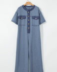 Half Placket Chest Pockets Wide Leg Jumpsuit