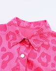 Leopard Buttoned Cuff Raw Hem Denim Jacket