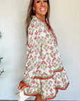 Floral Contrast Trim Frilled Neck Dress