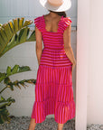 Stripe Smocked Bodice Flutter Sleeve Tiered Maxi Dress