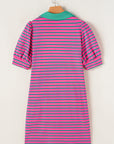 Stripe Collared V-Neck Puff Sleeve T-Shirt Dress