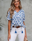 Geometric Tassel Tie V-Neck Short Sleeve Blouse