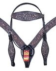 HILASON Western Horse Headstall & Breast Collar Tack Genuine American Leather Floral Rough Out Black