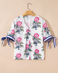 Floral Colorblock Stripe Knot Bubble Sleeve Blouse