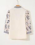 Floral Patchwork Contrast V-Neck Puff Sleeve Blouse