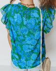 Floral Ruffle Sleeve Keyhole Back Blouse