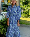 Floral Frilled V-Neck 3/4 Sleeve Midi Dress