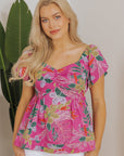 Floral Sweetheart Neck Flutter Sleeve Blouse