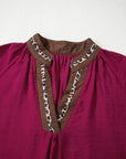 Leopard Trim Flounced 3/4 Sleeve V-Neck Blouse