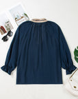 Plus Size Leopard Contrast Collar Long Sleeve Blouse