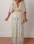 Geometric 3/4 Sleeve Shirred Maxi Dress