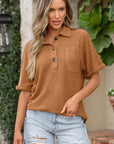 Solid Waffle Knit Round Hem Chest Pocket Tee