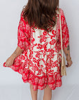 Flower V-Neck 3/4 Sleeve Collar Mini Dress