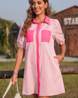 Stripe Patchwork Chest Pocket Mini Shirt Dress