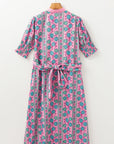 Floral Puff Sleeve Button Front Belted Midi Dress