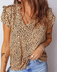 Cheetah Frilled V-Neck Short Sleeve Blouse