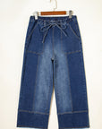 Denim Raw Hem Drawstring Wide Leg Pants